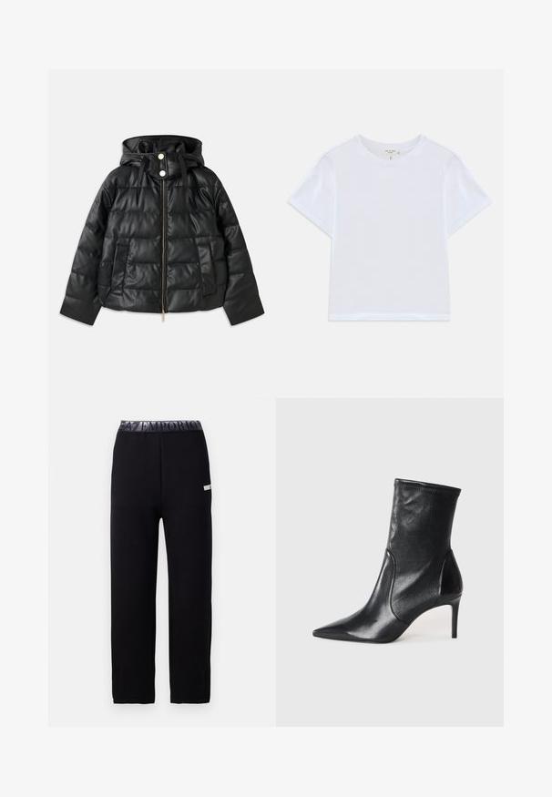 Must must-haves jope, mis on valmistatud eko nahast. Omab soonilise tekstuuri, ees on lukuga ja nööbiga sulgemine ning on varustatud kahe küljetaskuga.; Valge lühikeste varrukatega lühike T-särk, mis on valmistatud pehmest puuvillast, ümarate kaelustega ja veidi lõdva kroobiga. Ilma mustrite ja aksessuaarideta.; Mustad mustreid dressipüksid, millel on sile ja pehme tekstuur. Elastsest materjalist vöökohaosa logoga ning külgmise detailiga. Sirge säärepikkus.; Mustad mustajalatsid, mis on valmistatud siledast nahast, omavad teravat nina, kitsast varre ja peenikest kõrget kontsa. Minimalistlik disain, ilma nähtava riistvaraeta.