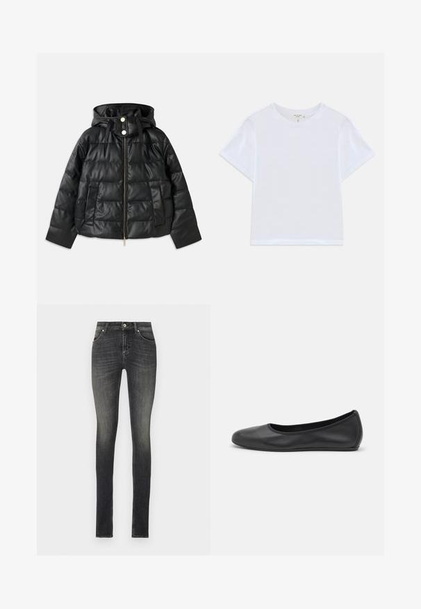 Must must-haves jope, mis on valmistatud eko nahast. Omab soonilise tekstuuri, ees on lukuga ja nööbiga sulgemine ning on varustatud kahe küljetaskuga.; Valge lühikeste varrukatega lühike T-särk, mis on valmistatud pehmest puuvillast, ümarate kaelustega ja veidi lõdva kroobiga. Ilma mustrite ja aksessuaarideta.; Kitsa teksased tumedast hallist denimist, millel on keskmise kõrgusega vöökoht, ees olevad taskud ja kerge kulumine, mis annab teksastele tekstuuri.; Musthave mustika tantsutossud mustast nahast, ümmarguse varbaga, siledast tekstuurist, minimaalse õmblusdetailiga ja paindliku tallakujundusega.