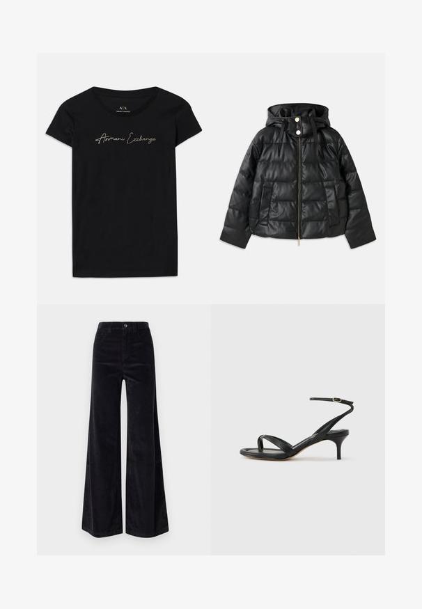 Chaqueta acolchada negra con capucha, hecha de cuero sintético. Presenta textura acanalada, una cremallera frontal, botones a presión y dos bolsillos laterales.; Camiseta de manga corta negra hecha de algodón, con un logo en escritura "Armani Exchange" en embellishments dorados en el pecho.; Pantalones de pana anchos en color negro, con cintura alta, cierre de botón y bolsillos frontales. Textura suave con un patrón de costillas verticales.; Sandalia negra de cuero para mujer con tiras finas, un lazo para el dedo del pie, hebilla en el tobillo y tacón de aguja de altura media sobre un fondo neutro.