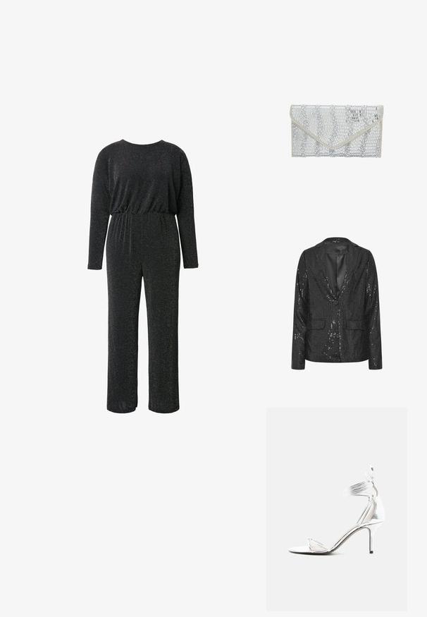 Sort pailletblazer med lange ærmer, enkelt knaplukning, slagkrave og to frontlommer med klap, foret indeni.; Sort jumpsuit lavet af et struktureret, glitrende stof, med lange ærmer, rund halsudskæring, elastisk talje og vide benåbninger.; Sølv højhælede sandal med tynde stropper, ankelrem og slank stiletthæl på en ensfarvet hvid baggrund.; faina Clutches - silver coloured