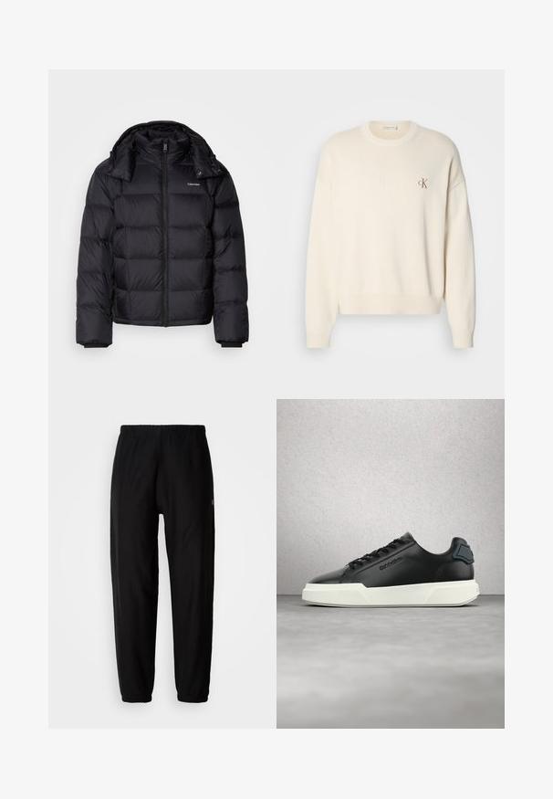 Sort pufferjakke med lynlås foran, kort længde, quiltet design og høj krave. Har et logo på venstre bryst og elastiske manchetter.; Kremfarvet strikket sweater med ribbet tekstur, rund halsudskæring og drop-skuldrer. Har et lille brunt broderet logo på brystet.; Sorte træningsbukser med elastisk talje, tapered ben og manchetter. Glat stoftekstur. Logo detalje på siden.; Sort lædersneaker med hvid sål, sorte snørebånd og præget mærke, vist flydende over en grå gulv med glasblokvæg i baggrunden.
