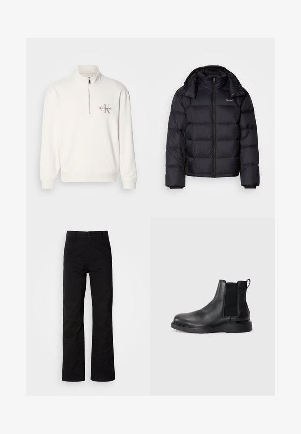 Sort pufferjakke med lynlås foran, kort længde, quiltet design og høj krave. Har et logo på venstre bryst og elastiske manchetter.; Hvid pullover sweatshirt med halv-zip krave, der har et gråt logo på venstre bryst og ribbede manchetter og kant. Blødt materiale.; Sort bomuldsbukser med lige ben, der har knaplukning og bæltestropper. Glat tekstur og minimalistisk stil uden synlige mønstre.; Sorte læder chelsea støvler med tekstureret finish, elastiske sidepaneler og en robust gummisål. Subtil branding på hælen.
