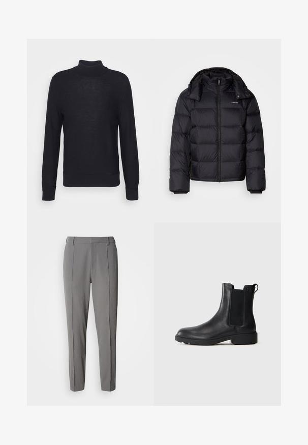 Sort pufferjakke med lynlås foran, kort længde, quiltet design og høj krave. Har et logo på venstre bryst og elastiske manchetter.; Sort turtleneck sweater lavet af letvævet materiale, med lange ærmer og ribbede manchetter og bund. Subtil tonal branding på brystet.; Calvin Klein PULL ON - Bukser - pewter; Sort læder ankelstøvle med elastiske sidepaneler, træksnor ved hælen og lav bloksål mod en ensfarvet baggrund.