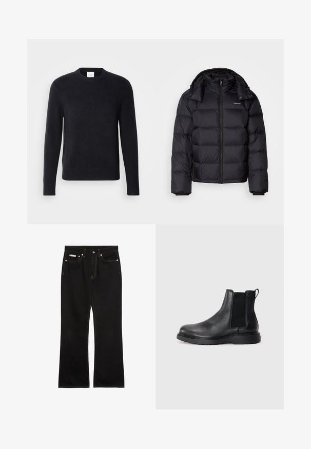 Doudoune noire avec fermeture éclair à l'avant, de longueur courte, au design matelassé et avec un col haut. Présente un logo sur la poitrine gauche et des poignets élastiques.; Pull à col rond bleu marine fabriqué en tissu tricoté doux. Il présente des manches longues ainsi que des poignets et un ourlet côtelés pour une coupe ajustée.; Jean noir droit avec coutures orange, cinq poches, fermeture par bouton, et une petite étiquette Calvin Klein sur la poche avant droite.; Bottes Chelsea en cuir noir avec une finition texturée, des panneaux latéraux élastiques et une semelle en caoutchouc robuste. Branding subtil sur le talon.