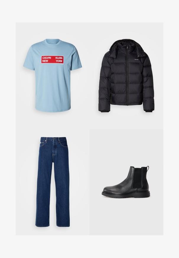 Čierna prešívaná bunda s krátkym strihom, predným zipsom a vysokým golierom. Disponuje logom na ľavej hrudi a elastickými manžetami.; Calvin Klein Jeans BOX GRAPHIC TEE - Tričko s potlačou - smoke blue; Tmavomodré džínsy s širokým strihom, s gombíkovým zapínaním a klasickým piatym vreckovým dizajnom. Tkanina má hladkú textúru.; Čierne kožené chelsea čižmy s textúrovaným povrchom, elastickými bočnými panelmi a pevným gumovým podpätkom. Diskrétny branding na päte.