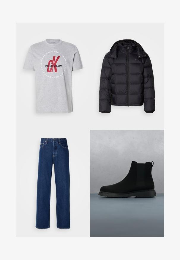 Sort pufferjakke med lynlås foran, kort længde, quiltet design og høj krave. Har et logo på venstre bryst og elastiske manchetter.; Grå bomulds t-shirt med rund halsudskæring, korte ærmer og et centralt grafik med "Calvin Klein" og "CK" i rød og sort.; Mørkeblå denimjeans med et bredt ben-design, der har en knaplukning og klassisk fem-lomme styling. Stoffet har en glat tekstur.; Sort ankelstøvle lavet af glat materiale med diskrete syninger, en gummisål og et strømlinet design, placeret over en overflade med træstruktur.