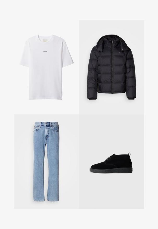 Sort pufferjakke med lynlås foran, kort længde, quiltet design og høj krave. Har et logo på venstre bryst og elastiske manchetter.; Hvid bomuld t-shirt med rund hals og korte ærmer. Har en lille sort "Calvin Klein"-logo centreret på brystet.; Lyseblå denimjeans med lige ben design, fem lommer og knaplukning. Syninger nær lommer og talje.; Sorte ruskindsankelstøvler med rund tå, snørebåndsdesign, sort gummisål og en sløjfe bag på for nem påtagning.