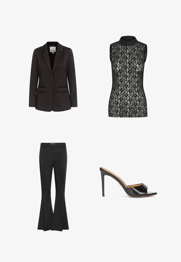 Sort blazer lavet af glat stof med spidse klapper, to forlommer, enkelt knaplukning og tætsiddende pasform.; Sort blonde-lace ærmeløs top med høj hals, der har et indviklet blomstermønster og en tætsiddende pasform. Let glans synlig på stoffet.; Sorte vide bukser lavet af glat stof, med en tætsiddende talje, subtile foldelinjer og et bredt ben-design fra knæet til kanten.; Sorte open-toe hæle mules med en blank læderfinish, taperet blokhæl og et glat buet bånd over vristen.