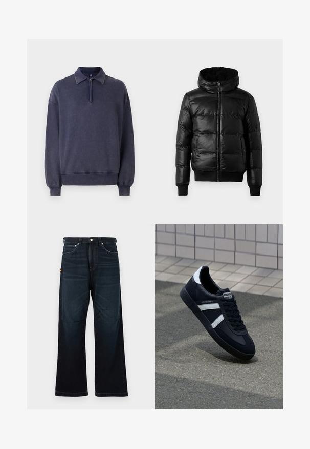 Sort pufferjakke med en skinnende, quiltet overflade, en foret hætte og ribstrikkede manchetter og kant. Har en frontlynlås.; Marineblå sweatshirt med halv-zip krave, afslappet pasform og ribbede manchetter. Lavet af blødt materiale med en tekstureret overflade.; Mørkeblå lige ben jeans med klassisk fem-lomme design, bæltestropper og subtile falmede detaljer foran og på knæene.; Sort lædersneaker med hvide striber, tekstureret gummisål og snørrebånd foran. Har et brandet mærke på tungen.