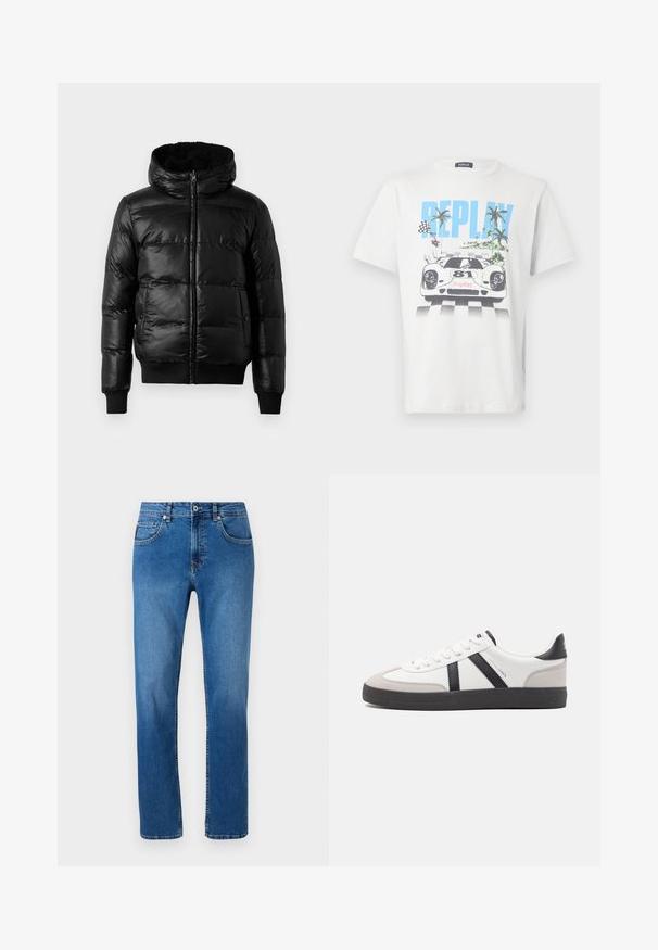Schwarze Pufferjacke mit einer glänzenden, gesteppte Außenseite, gefütterter Kapuze sowie gerippten Bündchen und Saum. Verfügt über einen Reißverschluss auf der Vorderseite.; Weißes Baumwoll-T-Shirt mit einem bunten Motiv eines Rennwagens, Palmen und Schachbrett-Flaggen, mit dem Schriftzug "REPLAY" gut sichtbar.; Blaue Denim-Jeans mit geradem Bein, ausgestattet mit einem klassischen Fünf-Taschen-Design und dezenten Nähten entlang der Nähte.; Weiße Sneaker mit schwarz- und grau-aczenten, ausgestattet mit einer strukturierten grauen Zehenkappe, schwarzer Gummi-Sohle und flachen weißen Schnürsenkeln. Sauberes Design, minimalistische Stil.
