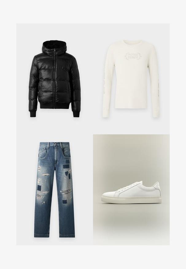 Veste en duvet noire avec un extérieur brillant et matelassé, une capuche doublée et des bords côtelés au niveau des poignets et de l'ourlet. Dispose d'une fermeture éclair sur le devant.; T-shirt à manches longues en coton côtelé crème avec "DODGE DEMON" brodé sur le devant et des graphismes imprimés sur la manche droite. Texture douce.; Jean en denim avec des patches déchirés et des nuances de bleu variées, présentant une coupe droite et un design traditionnel à cinq poches.; Baskets blanches basses à lacets sur l’avant et semelle épaisse, vues de côté sur un fond neutre.