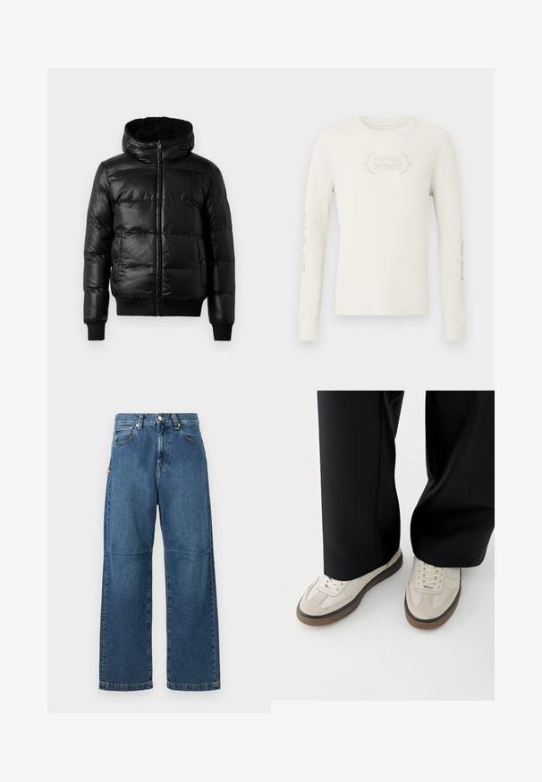 Schwarze Pufferjacke mit einer glänzenden, gesteppte Außenseite, gefütterter Kapuze sowie gerippten Bündchen und Saum. Verfügt über einen Reißverschluss auf der Vorderseite.; Langärmeliges, cremefarbenes, geripptes T-Shirt mit der Stickerei "DODGE DEMON" auf der Vorderseite und Grafiken auf dem rechten Ärmel. Weiche Textur.; Blaue Jeans aus Denim mit entspannter Passform, geraden Beinen, sichtbarem Nähen und einem vorderen Knopfverschluss. Verfügt über eine Seitentasche mit einem Akzent.; Füße mit beigen Sneakers mit braunen Sohlen und schwarzen Hosen mit weitem Bein auf weißem Hintergrund.