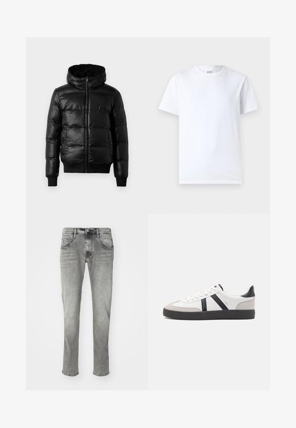 Sort pufferjakke med en skinnende, quiltet overflade, en foret hætte og ribstrikkede manchetter og kant. Har en frontlynlås.; Hvid bomulds t-shirt med rund halsudskæring og korte ærmer. Enkel design uden mønstre eller grafik, med GAP branding på kraven.; Grå denim jeans med lige pasform, udstyret med syede lommer, en knaplukning og en subtil falmning i hele stoffet.; Hvide sneakers med sorte og grå detaljer, med en tekstureret grå tåhætte, sort gummisål og flade hvide snørebånd. Rent design, minimalistisk stil.