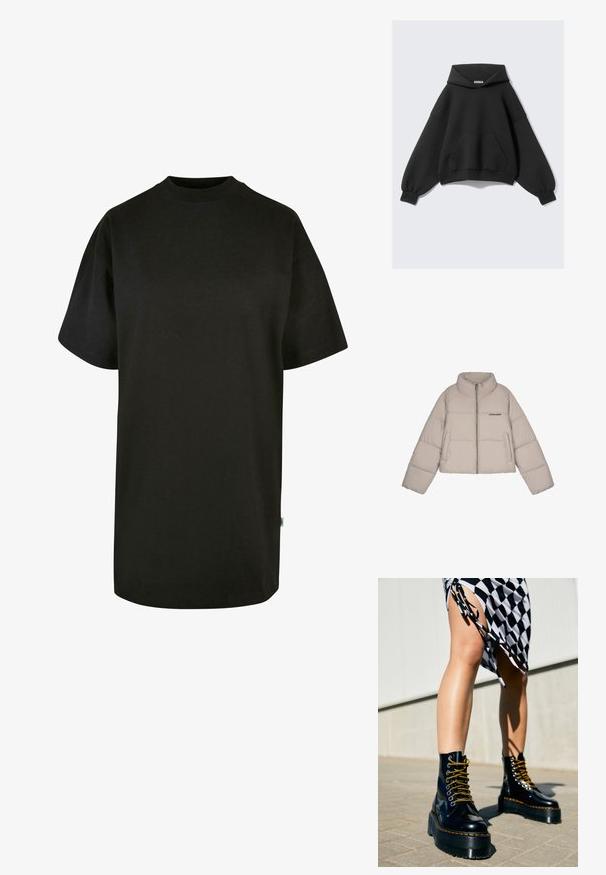 Beige cropped pufferjack met een hoge kraag, ritssluiting, twee voorzakken en zwarte branding op de borst. Gladde, gevoerde textuur.; Zwarte capuchontrui met een losse pasvorm, lange mouwen en een zak aan de voorkant. Gemaakt van zacht stof met een gladde textuur.; Zwarte katoenen t-shirt met een ronde hals en korte mouwen. Losse pasvorm, eenvoudige ontwerp en geen zichtbare patronen of accenten.; Zwarte leren platformlaarzen met chunky zolen, gouden veters en oranje stiksels, gecombineerd met een geruite rok met een zijformulier.