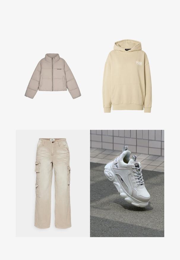 Veste courte en duvet beige avec un col montant, fermeture éclair, deux poches avant et un logo noir sur la poitrine. Texture lisse et matelassée.; Sweat à capuche beige avec poche kangourou à l'avant et logo blanc "PGDR" sur la poitrine gauche, équipé de poignets et d'un ourlet côtelés.; BDG Urban Outfitters PANTS - Pantalon cargo - stone; Sneaker blanc en matériaux mesh et cuir, bout arrondi, semelle épaisse, lacets proéminents et marqué au talon et sur la languette.