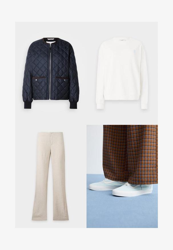 Gequilte marineblauwe jas met een ritssluiting, bruine bies, zijzakken en geribde manchetten. Gladde, glanzende stof met een ruitpatroon.; Witte sweatshirt van zacht materiaal, met een ronde hals, lange mouwen, ribgebreide manchetten en een klein blauw logo op de borst.; Beige linnen broek met rechte pijpen en verborgen voorsluiting, plat neergelegd op een effen lichte achtergrond. Geen zichtbare zakken of details.; Lichtblauwe sneakers gedragen met bruine en blauwe geblokte wijde broekspijpen op een lichtblauw tapijt.