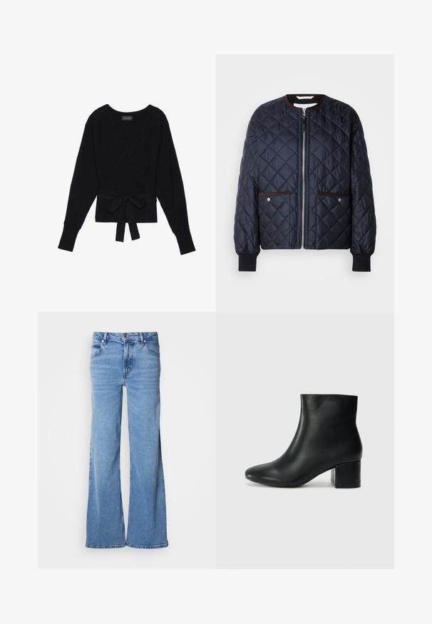 Veste matelassée bleu marine avec fermeture éclair, garniture marron, poches latérales et poignets côtelés. Tissu lisse et brillant avec un motif en diamants.; Pull à manches longues noir, enroulé, avec une texture côtelée et une ceinture en tissu nouée en un noeud à la taille.; Jean large de couleur bleu clair en denim. Doté d'un design classique à cinq poches et d'une braguette à boutons apparents. Texture douce et finition unie.; Bottines en cuir noir avec un bout pointu et un talon épais. Texture lisse avec des accents minimalistes et un design élégant et ajusté.