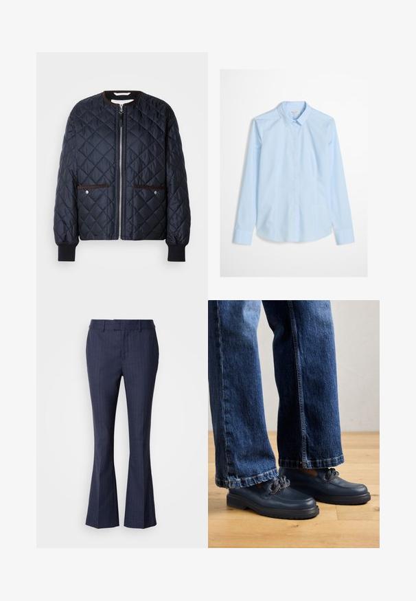 Gequilte marineblauwe jas met een ritssluiting, bruine bies, zijzakken en geribde manchetten. Gladde, glanzende stof met een ruitpatroon.; Lichtblauw overhemd met lange mouwen, klassieke kraag en een subtiel geborduurd logo op de borst. Soepele, frisse stoftextuur.; Mos Mosh CARIE - Broek - maritime blue; Marineblauwe leren schoenen met een dikke zool en kettingdetails op de bovenkant, gecombineerd met loszittende donkerblauwe spijkerbroeken.