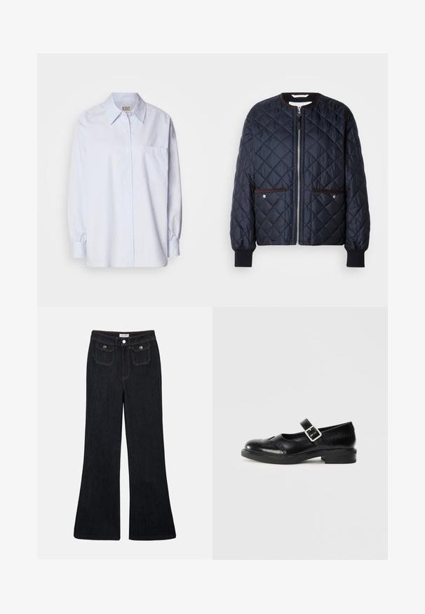 Gequilte marineblauwe jas met een ritssluiting, bruine bies, zijzakken en geribde manchetten. Gladde, glanzende stof met een ruitpatroon.; Lichtblauw button-up shirt van katoen. Heeft een puntige kraag, lange mouwen en een enkele borstzak. Zachte textuur.; Flared donkerdenim jeans met een hoge taille, twee voorzakken en oranje stiksels. Het materiaal lijkt stevig en glad.; Zwarte leren Mary Jane-schoen met een lage blokhak, ronde neus, decoratieve brogue-details en een verstelbare band met een metalen gesp.