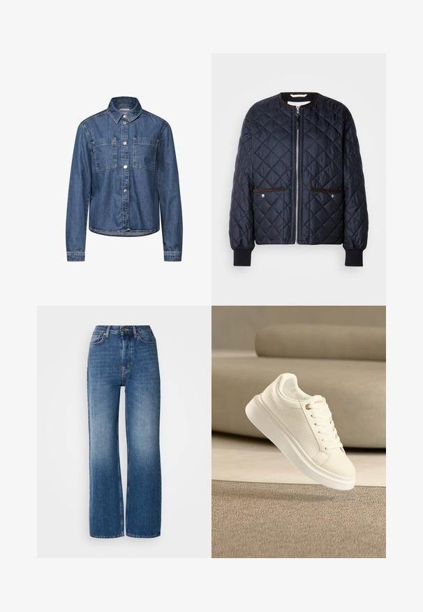 Vuorattu tummansininen takki, jossa on vetoketjukiinnitys, ruskeat reunat, sivutaskut ja ribatut hihansuut. Tasainen, kiiltävä kangas, jossa on timanttimäinen kuvio.; Denim takki, jossa on kauluksellinen kaula, kaksi rintataskua, nappikiinnitys ja pitkät hihat. Ominaisuuksina vaaleansininen väri ja hienovaraiset ompelutiedot.; Siniset farkut korkealla vyötäröllä ja leveällä lahkeella, joissa on liukuväri, kuparinväriset tikit, etupainike ja viisi taskua.; Valkoinen matala-aukoinen tennari, jossa on tekstuurilliset sivupaneelit, nauhat ja paksu valkoinen pohja, asetettuna beigen mattotaustan ja sohvan päälle.