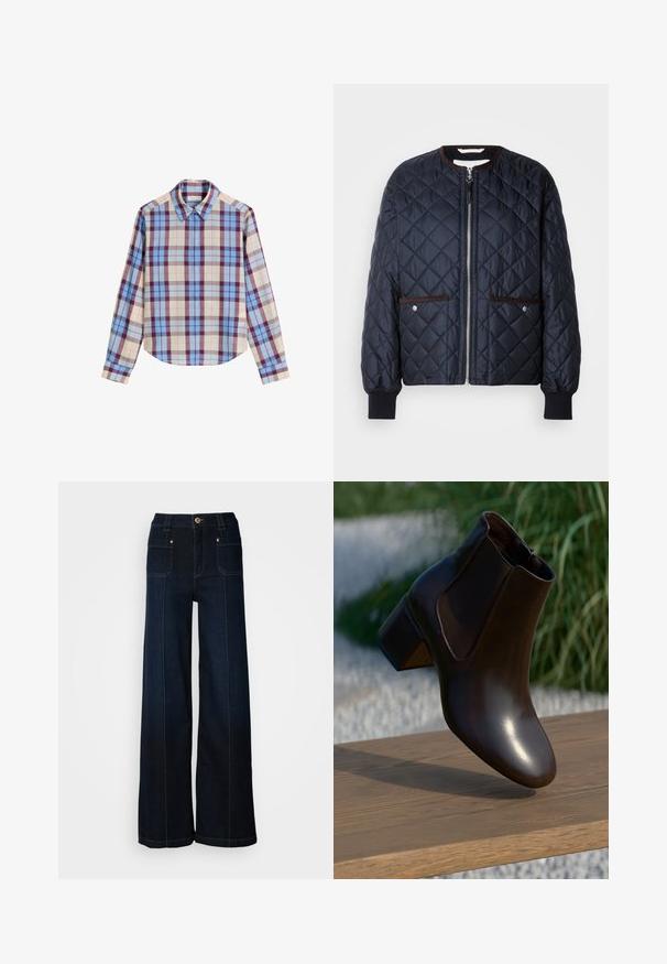 Veste matelassée bleu marine avec fermeture éclair, garniture marron, poches latérales et poignets côtelés. Tissu lisse et brillant avec un motif en diamants.; Chemise à manches longues avec un motif tartan multicolore incluant des teintes de bleu, de bordeaux et de beige, confectionnée dans un tissu lisse. Col classique.; Jean en denim à jambes larges de couleur bleu foncé. Dispose de poches avant, de quincaillerie dorée et de coutures contrastées. Texture lisse avec un design décontracté.; Bottine en cuir marron avec un bout rond et un petit talon block, dotée de panneaux latéraux élastiques et d'une finition lisse et brillante.
