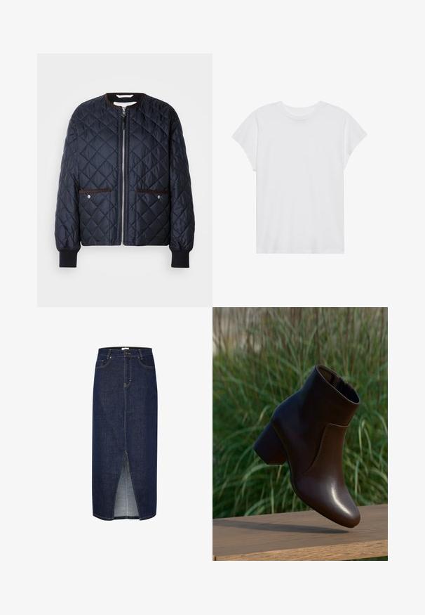 Gesteppte navy Jacke mit Reißverschluss, braunen Akzenten, Seitentaschen und gerippten Bündchen. Glattes, glänzendes Material mit einem Rautenmuster.; Weißes kurzärmliges T-Shirt mit Rundhalsausschnitt, lockerer Passform, aus weichem Baumwollstoff. Glatte Textur, keine Muster oder Logos.; Dunkelblaue Jeans-Bleistiftrock mit einem Schlitz vorne, erhältlich mit gelben Nähten und klassischem Fünf-Taschen-Design. Reißverschlussverschluss hinten.; Dunkelbrauner Leder-Stiefelette mit Blockabsatz schwebt über einer Holzoberfläche, mit grünem, verschwommenem Gras-Hintergrund.