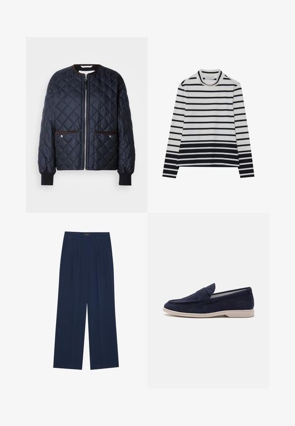 Chaqueta acolchada azul marino con cierre de cremallera, ribete marrón, bolsillos laterales y puños acanalados. Tejido suave y brillante con un patrón de diamantes.; Top de manga larga hecho de algodón, con rayas horizontales en blanco y negro, un cuello alto tipo mock y un corte relajado con aberturas laterales.; Pantalones de pierna ancha azul marino hechos de tejido suave, con dos bolsillos frontales y pliegues delanteros, de corte recto y dobladillo limpio.; Mocasines de ante azul marino con punta redondeada y detalles de costura. Presentan una lengua acolchada y una suela de goma beige claro para mayor comodidad.
