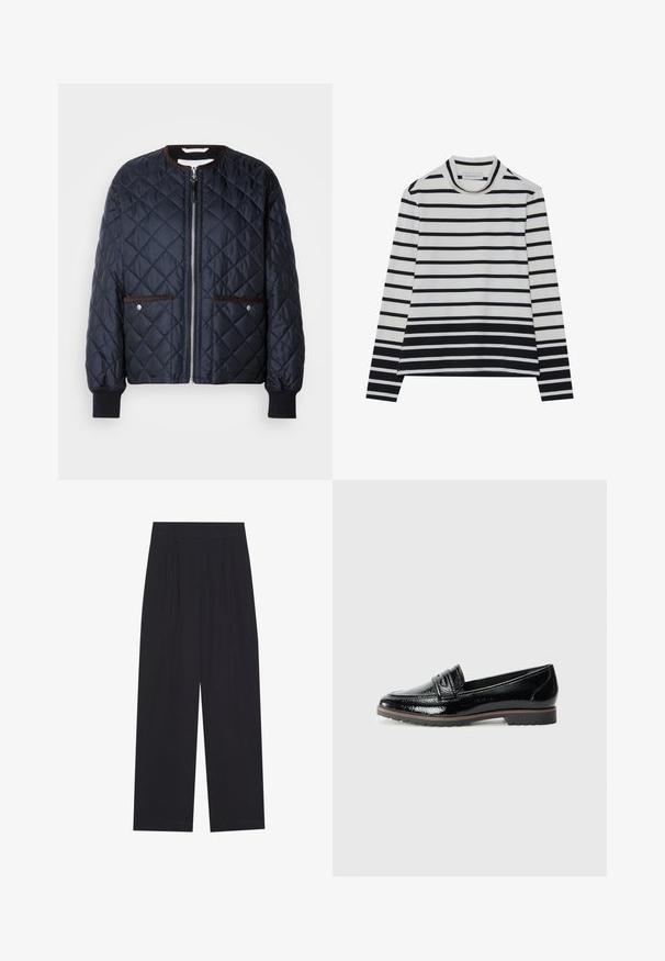 Veste matelassée bleu marine avec fermeture éclair, garniture marron, poches latérales et poignets côtelés. Tissu lisse et brillant avec un motif en diamants.; T-shirt à manches longues en coton, présentant des rayures horizontales noires et blanches, un col montant haut et une coupe décontractée avec des fentes sur les côtés.; Pantalons larges noirs en tissu lisse, avec des plis, une taille plate et sans poches ni decorations visibles.; Mocassins en cuir verni noir avec un bout rond, descoutures décoratives et un détail de sangle, ainsi qu'une semelle en caoutchouc texturée et basse.