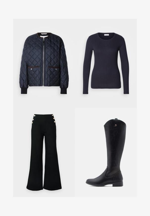 Gequilte marineblauwe jas met een ritssluiting, bruine bies, zijzakken en geribde manchetten. Gladde, glanzende stof met een ruitpatroon.; Marineblauwe ribbel top met lange mouwen en een ronde hals. Gemaakt van zachte stof, heeft het een aansluitend ontwerp en subtiele textuur over het hele oppervlak.; Zwart denim broek met hoge taille. Wijde pijpen met vier gouden knopen aan de zijkant. Gladde textuur en nauwsluitende pasvorm.; Kniehoge zwarte leren laarzen met een gladde textuur, ronde neus, lage blokhak en een gebogen bovenrand met een lusdetail aan de achterkant.
