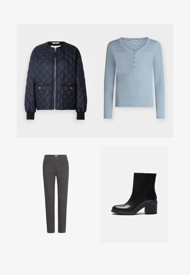 Gequilte marineblauwe jas met een ritssluiting, bruine bies, zijzakken en geribde manchetten. Gladde, glanzende stof met een ruitpatroon.; Blauw-wit horizontaal gestreept henleyshirt met lange mouwen, vier knopen en een afgeronde V-hals.; Donkergrijze spijkerbroek met rechte pijpen, voorkeisen en een knoopsluiting. Het materiaal heeft een soepele textuur en minimale hardwareaccenten.; Zwarte leren enkellaars met een ronde neus en een blokhak. Glad textuur, strakke lijnen en minimale stikseldetail.