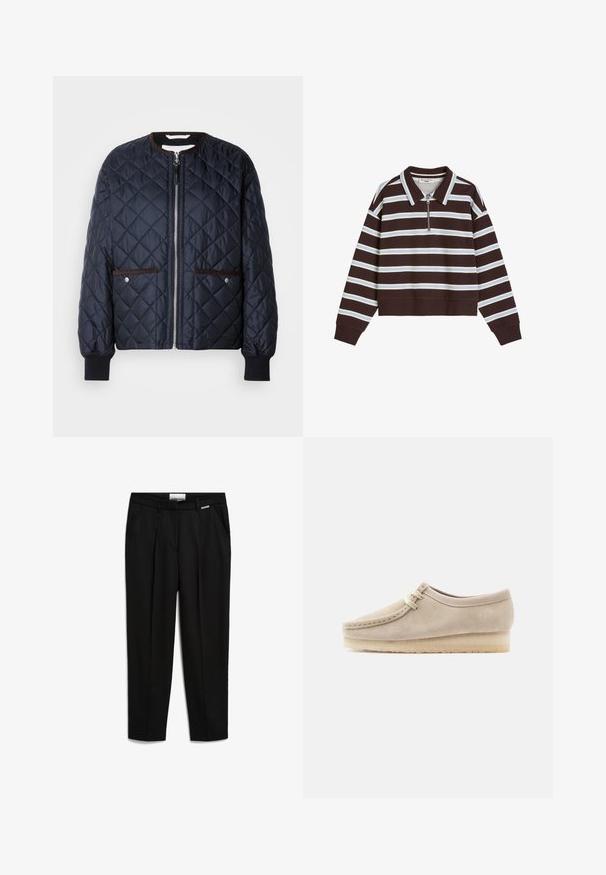 Gesteppte navy Jacke mit Reißverschluss, braunen Akzenten, Seitentaschen und gerippten Bündchen. Glattes, glänzendes Material mit einem Rautenmuster.; Braunes langärmliges Poloshirt mit weißen und hellblauen horizontalen Streifen, Viertelreißverschluss sowie gerippten Bündchen und Saum.; Schwarze Hose aus glattem Stoff, mit geradem Beinanschnitt, seitlichen Taschen und einem dezente Markenakzent am Bund.; Beiger Wildleder-Casual-Schuh mit Schnürung vorne und Kreppsohle, von der Außenseite vor hellem, einfarbigem Hintergrund gezeigt.