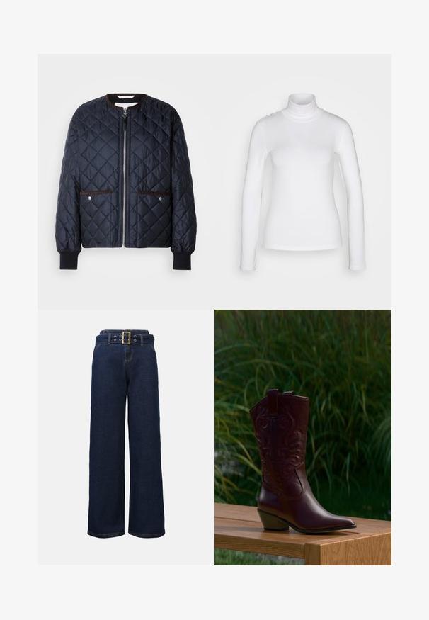 Chaqueta acolchada azul marino con cierre de cremallera, ribete marrón, bolsillos laterales y puños acanalados. Tejido suave y brillante con un patrón de diamantes.; Camisa de cuello alto de manga larga blanca, fabricada en un tejido suave y elástico. Presenta un ajuste ceñido y un collar alto. Sin patrones ni acentos visibles.; Pantalones vaqueros de pierna ancha en azul oscuro con bolsillos cosidos y un cinturón a juego que presenta una gran hebilla rectangular dorada.; Bota de vaquero de cuero marrón oscuro con motivos bordados, tacón bajo inclinado y lengüetas para tirar, colocada sobre un banco de madera con fondo de plantas verdes.