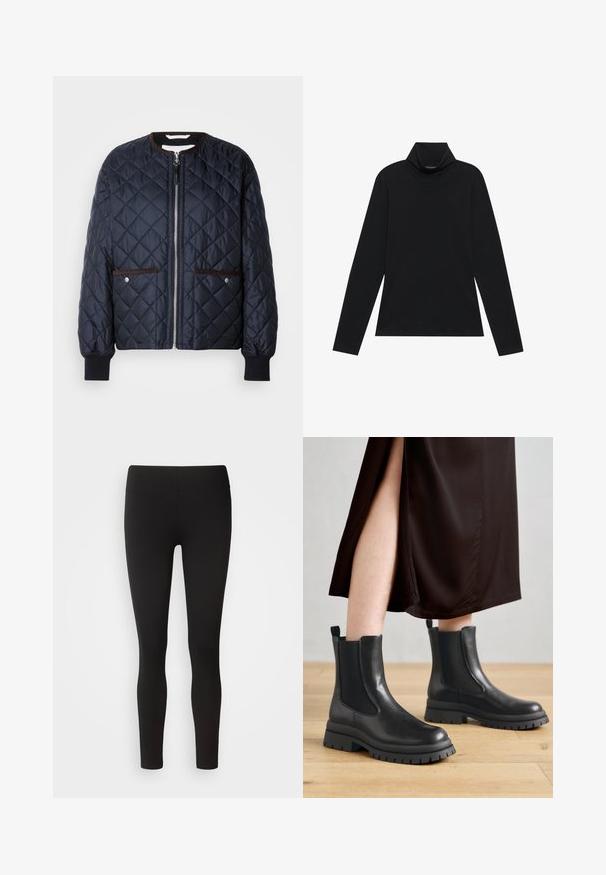 Quiltet navy jakke med lynlås, brun kant, sidelommer og ribbede ærmer. Glat, blankt stof med diamantmønster.; Sort turtleneck med lange ærmer. Blødt stof, tætsiddende design, høj krave og sidesøm. Simpel og alsidig stil, der er velegnet til lag-på-lag.; Sorte leggings lavet af strækbart stof med en sømløs talje, tætsiddende design og glat tekstur, velegnet til forskellige aktiviteter.; Sorte læderankelstøvler med elastiske sidepaneler, chunky gummisåler og hæltrækstropper; kombineret med en mørkebrun midikjole.