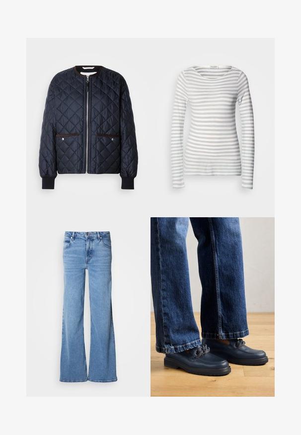Gequilte marineblauwe jas met een ritssluiting, bruine bies, zijzakken en geribde manchetten. Gladde, glanzende stof met een ruitpatroon.; Gestreepte lange mouw top van zachte stof, met afwisselend lichtgrijze en witte strepen. Ronde halslijn en aansluitend ontwerp met lange mouwen.; Lichtblauwe jeans met wijde pijpen, gemaakt van denim. Voorzien van een klassiek ontwerp met vijf zakken en een zichtbare knoopsluiting. Zachte textuur en een eenvoudige afwerking.; Marineblauwe leren schoenen met een dikke zool en kettingdetails op de bovenkant, gecombineerd met loszittende donkerblauwe spijkerbroeken.