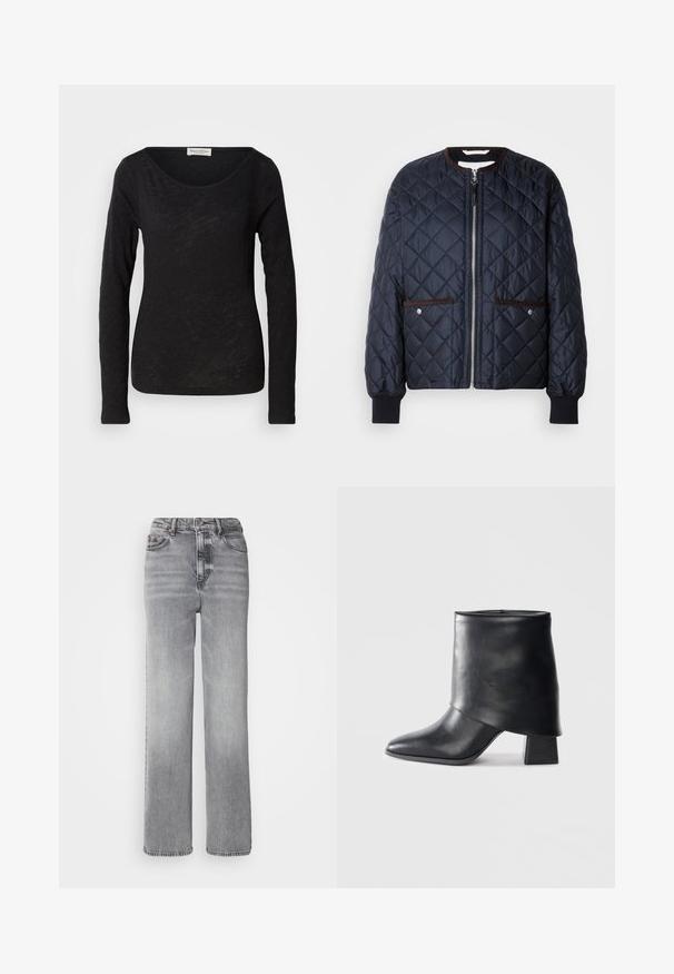 Chaqueta acolchada azul marino con cierre de cremallera, ribete marrón, bolsillos laterales y puños acanalados. Tejido suave y brillante con un patrón de diamantes.; Blusa negra de manga larga hecha de una tela ligera y texturizada. Presenta un escote en forma de scoop y una silueta ajustada con un detalle mínimo.; Jeans grises de cintura alta con un diseño de pierna recta, desvanecimiento ligero y un clásico estilo de cinco bolsillos con cierre de botón de metal.; Bota de cuero negro hasta el tobillo con punta afilada, textura suave y un tacón bloque estructurado. Presenta un diseño de puño alto y doblado.
