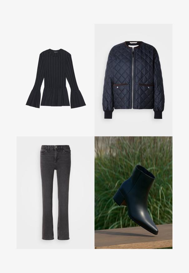 Quiltet navy jakke med lynlås, brun kant, sidelommer og ribbede ærmer. Glat, blankt stof med diamantmønster.; Sort langærmet top med lodrette striber og udvidede ærmer. Har en peplum-silhuet og blødt tekstureret stof.; Sorte denim jeans med lige pasform, der har forlommer, lynlås og subtile stiksyninger. Stoffet har en let tekstur.; Sort læderankelstøvle med blokhæl, spids tå, vist over et trægulv med grøn sløret græs i baggrunden.