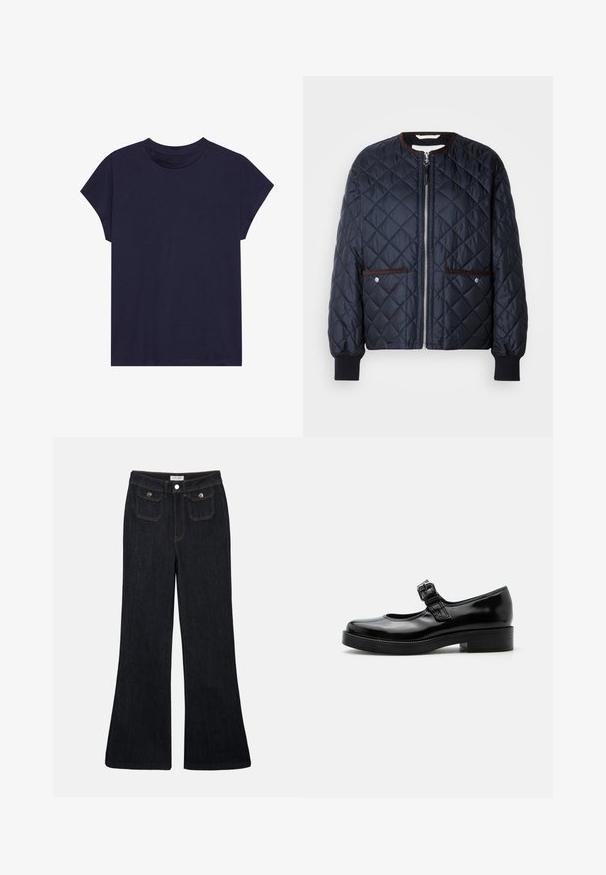 Gesteppte navy Jacke mit Reißverschluss, braunen Akzenten, Seitentaschen und gerippten Bündchen. Glattes, glänzendes Material mit einem Rautenmuster.; Dunkelblaue Baumwoll-T-Shirt mit rundem Ausschnitt und kurzen Ärmeln, das einen lockeren Schnitt und eine glatte Textur bietet. Keine Muster oder Akzente.; Schwarze, ausgestellt geschnittene Jeans aus Denim mit hoher Taille, zwei Fronttaschen und orangefarbenen Nähten. Das Material wirkt robust und glatt.; Schwarzer Lackleder Mary Jane Schuh mit abgerundeter Spitze, niedrigem Blockabsatz und verstellbarem Schnallenriemen über dem Spann.