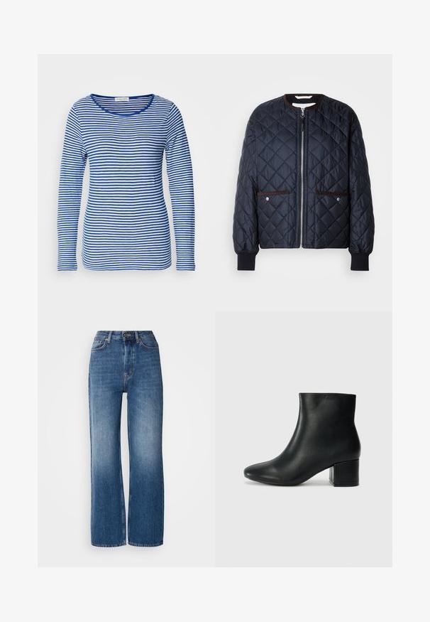 Chaqueta acolchada azul marino con cierre de cremallera, ribete marrón, bolsillos laterales y puños acanalados. Tejido suave y brillante con un patrón de diamantes.; Camisa de manga larga con escote redondeado, que presenta rayas horizontales alternadas en azul y blanco. Fabricada con un tejido suave y ligero.; Jeans de mezclilla azul de tiro alto, de pierna ancha, con un lavado degradado, costuras de cobre, cierre de botón en la parte delantera y cinco bolsillos.; Botas de cuero negras hasta el tobillo con una punta afilada y un tacón grueso. Textura lisa con acentos mínimos y un diseño elegante y ajustado.