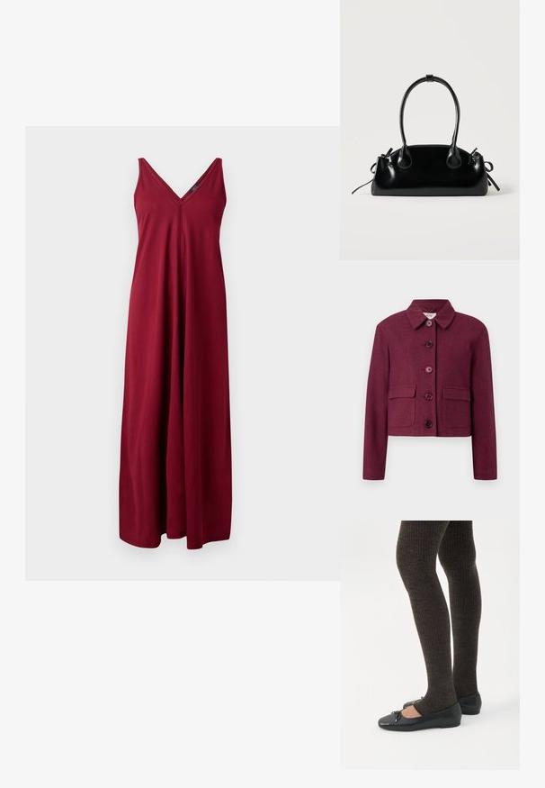 Bordeaux cropped jakke lavet af tekstureret stof med spids krave, fem knapper og to forlommer.; Burgundy ærmeløs maxikjole med V-hals, lavet af blødt stof, med en løs pasform og gulvlængde design.; Ben iført mørke ribbede leggings kombineret med sorte balletsko med små sløjfedetaljer på hvid baggrund.; Lille sort blank håndtaske med to lange håndtag og snøre-detaljer i siden på en ensfarvet lys baggrund.