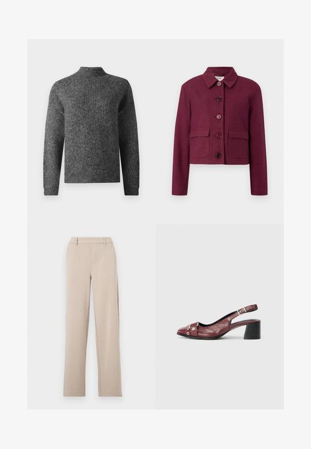 Veste cropped bordeaux en tissu texturé avec un col pointu, cinq boutons et deux poches avant.; Pull en tricot gris foncé à manches longues et col montant court, présenté de face sur un fond blanc.; Pantalon beige sur mesure avec une coupe droite, une texture lisse, des poches avant et des passants pour ceinture. Fabriqué en tissu léger.; Chaussure slingback en cuir bordeaux avec un bout arrondi, un design incurvé, des accents en métal argenté et un talon bloc. Finition texturée.