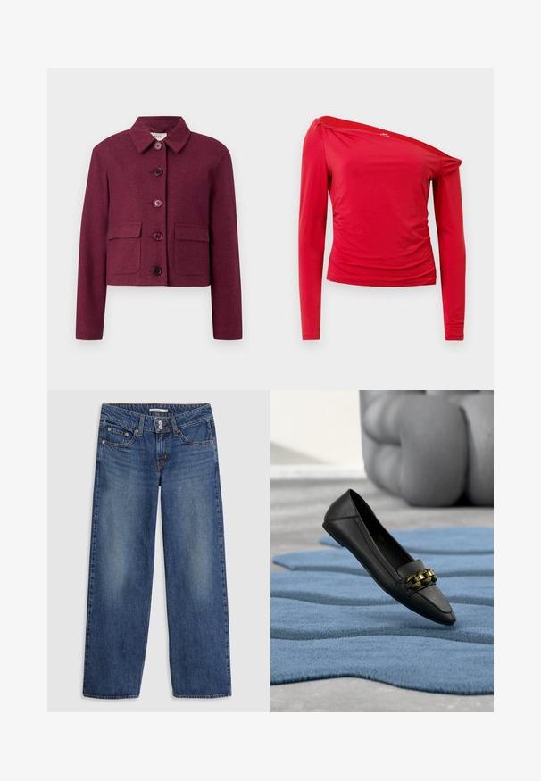 Veste cropped bordeaux en tissu texturé avec un col pointu, cinq boutons et deux poches avant.; Haut à manches longues rouge avec un décolleté asymétrique, des détails froncés sur le côté et un tissu doux et léger. Texture lisse avec des coutures minimales.; Jeans en denim bleu à jambes larges avec une fermeture à bouton, design à cinq poches, légère décoloration sur les cuisses et accents de couture sur les coutures.; Mocassin en cuir noir avec détail en chaîne dorée posé sur un tapis bleu texturé à l'intérieur.