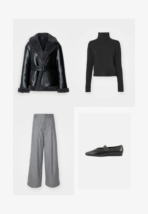 Sort læder shearling frakke med en bred krave, tekstureret grå foring, frontbuckle-bælte detalje og bløde manchetter.; Sort cropped turtlenektrøje i et blødt, struktureret stof med lange ærmer og ribbede detaljer ved kraven og kanten.; Grå vidde bukser lavet af blødt stof, med høj talje, frontfolder og et diskret logo-tag på taljebåndet.; Sorte læder flade sko med spidse tæer, prydet med en metallisk spænde over vristen og en lav, fleksibel sål.