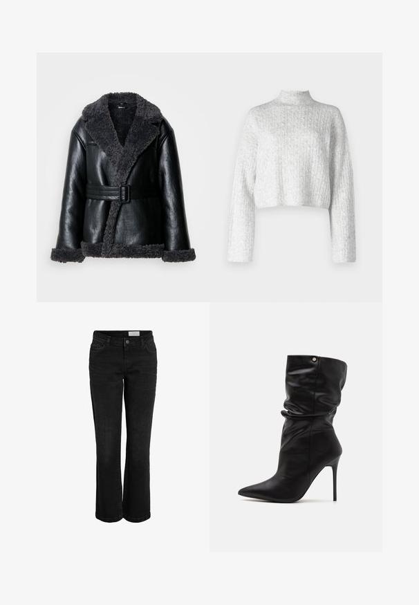 Schwarze Lammfelljacke mit einem breiten Kragen, strukturiertem grauen Futter, vorderem Schnallenriemen und plüschigen Bündchen.; Gekürzter Pullover in hellgrau mit einem strukturierten, gerippten Design, hohem Kragen und langen Ärmeln. Weiches Strickmaterial.; Schwarze Jeans aus Denim mit schmaler Flared-Form, fünf Taschen und einem Knopfverschluss. Verfügt über dezente Nähte und einen klassischen Bund.; Even&Odd Wide Fit by Zalando High Heel Stiefelette - black
