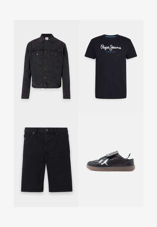 Zwarte spijkerjasje met knoopsluiting aan de voorkant, twee borstzakken met kleppen en knopen, zijzakken en een kraag, plat gelegd op een witte achtergrond.; Zwart katoenen T-shirt met een witte scriptlogo "Pepe Jeans" en een blauwe accent, ronde hals en korte mouwen. Eenvoudig, solide ontwerp.; Zwarte denim shorts met een rechte snit, vijf zakken, metalen accenten en zichtbare stiksels. Zachte textuur en eenvoudig ontwerp.; Zwarte leren sneaker met witte accenten, gestructureerde stiksels en een gevoerde tong. Heeft een rubberen zool en een vetersluiting.