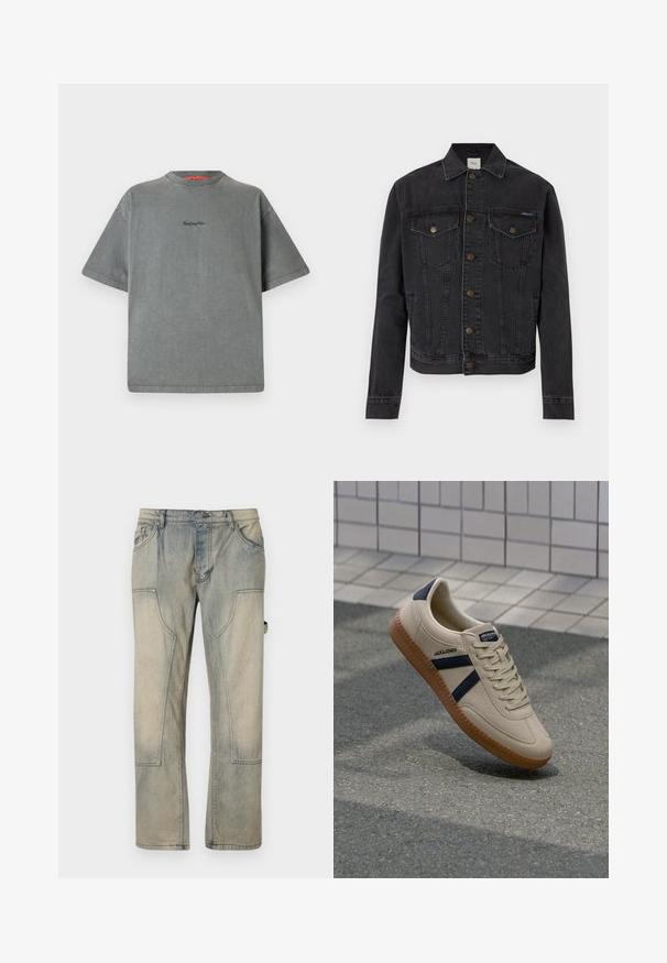 Schwarze Jeansjacke mit Knopfleiste, zwei Brustpatentaschen mit Knöpfen, Seitentaschen und Kragen, flach auf weißem Hintergrund ausgelegt.; Replay Inc. T-Shirt basic - stoned grey; Hellblaue, ausgewaschene Jeans mit lockerer Passform, die große Vordertaschen und kontrastierende Nähte aufweisen. Der Stoff hat eine weiche, abgetragene Textur.; Beige Sneaker mit strukturierter Oberfläche, dunkelblauen Streifen und Gummisohle. Verfügt über eine gepolsterte Zunge und ein traditionelles Schnürsystem für einen sicheren Sitz.