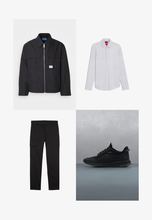 Veste noire avec fermeture éclair à l'avant, col pointu et deux poches poitrine. Équipée d'un logo en patch et d'un tissu texturé. Coupe ajustée avec manches longues.; Chemise blanche à manches longues avec un motif en micro texte noir et une étiquette rouge HUGO à l'intérieur du col.; Pantalon cargo noir à jambes droites avec poches latérales à rabat, bouton devant, passants de ceinture et un design épuré et minimaliste.; Chaussure de sport noire avec une tige en mesh texturé, des détails perforés et une semelle en caoutchouc. Les lacets sont tissés à travers des œillets renforcés.