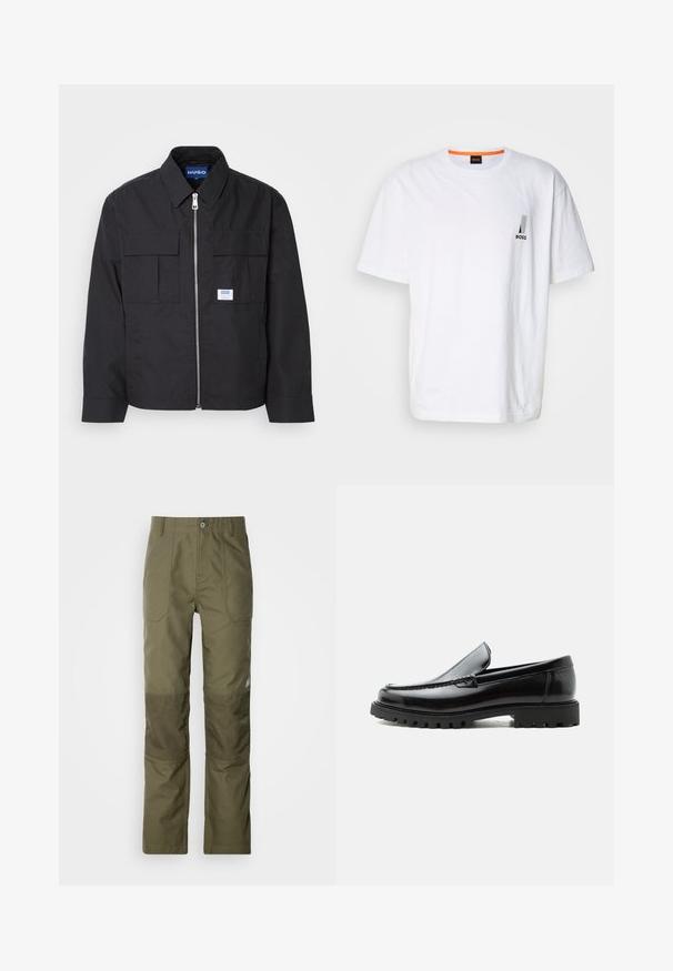 Veste noire avec fermeture éclair à l'avant, col pointu et deux poches poitrine. Équipée d'un logo en patch et d'un tissu texturé. Coupe ajustée avec manches longues.; T-shirt en coton blanc à manches courtes, avec un petit logo noir et un accent orange contrastant au niveau de l'encolure.; Pantalons vert olive avec une coupe droite, présentant des renforts aux genoux, deux poches avant et une fermeture à bouton à la taille.; Mocassin en cuir noir avec semelle en caoutchouc épaisse, dessus cousu et nom de marque embossé sur le talon, présenté de profil sur fond blanc.