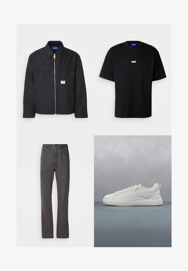 Chaqueta negra con cremallera frontal, cuello puntiagudo y dos bolsillos en el pecho. Presenta un logo en parche y tejido texturizado. Corte ajustado con mangas largas.; Camiseta de algodón negra con cuello redondo, mangas cortas y un logo rectangular blanco "HUGO" en el pecho. Textura suave, corte relajado.; Vaqueros de mezclilla gris con un diseño de pierna recta, que cuentan con bolsillos frontales, un cierre de botón y una textura sutil.; Zapatilla blanca con un acabado de cuero liso, punta redonda, cuatro ojales, perforaciones sutiles y un detalle de logo rojo en el lateral.