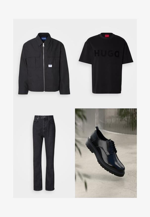 Veste noire avec fermeture éclair à l'avant, col pointu et deux poches poitrine. Équipée d'un logo en patch et d'un tissu texturé. Coupe ajustée avec manches longues.; T-shirt en coton noir à manches courtes, col rond, arborant un grand logo "HUGO" noir brillant sur le devant. Tissu lisse.; Jean en denim noir taille haute avec fermeture à bouton et à glissière, poches avant et arrière, et coupe droite.; Chaussure en cuir noir avec une finition brillante, bout rond, design à lacets, surpiqûres contrastantes, et semelle épaisse en caoutchouc avec motifs de relief.