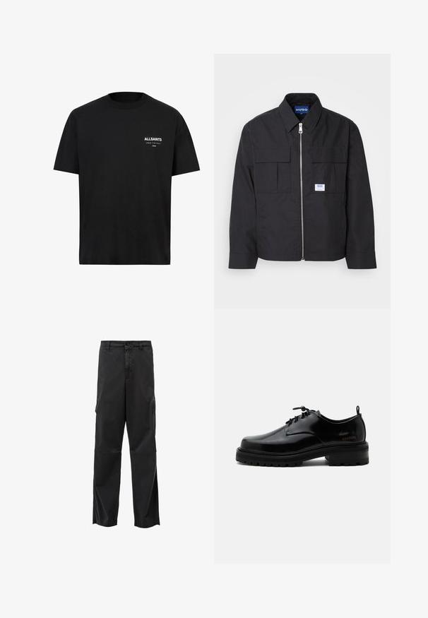Sort jakke med lynlås foran, spidse krave og to brystlommer. Har et mærke på og tekstureret stof. Skræddersyet pasform med lange ærmer.; Sort bomulds t-shirt med korte ærmer og rund hals. Har hvid tekst "ALLSAINTS" og "LONDON" på venstre brystområde.; Sorte cargo bukser med lige skæring, knaplukning og sidelommer. Glat stof med mat finish og uden synlige mønstre.; Sort poleret læder snørestøvle med tyk gummisål og lav hæl, sideskilt med mærketekst "SAMSOE" og bageste træksnor.